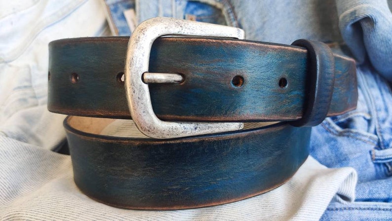 Men's blue Leather vintage style Belt, Custom Men's Leather Accessories and belts for him. image 6