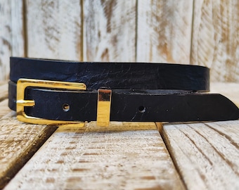 Sleek Black Leather narrow Belt with Elegant Gold Buckle - Stylish and Versatile Accessory"