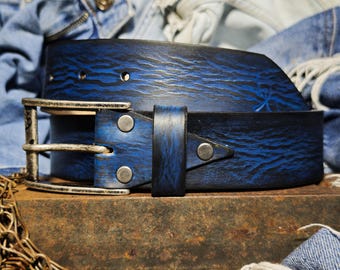 Hand-Dyed Leather Belt, Deep Blue Wave Texture, Men's Jeans Waistband