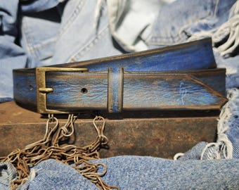 Men's Blue Leather Belt, Vintage Style, Custom Full Grain Leather