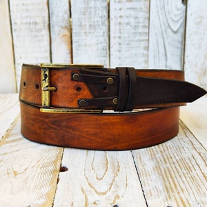 Ishaor unique Handmade Brown Leather Belt Authentic Full Grain with Bronze buckle image 6