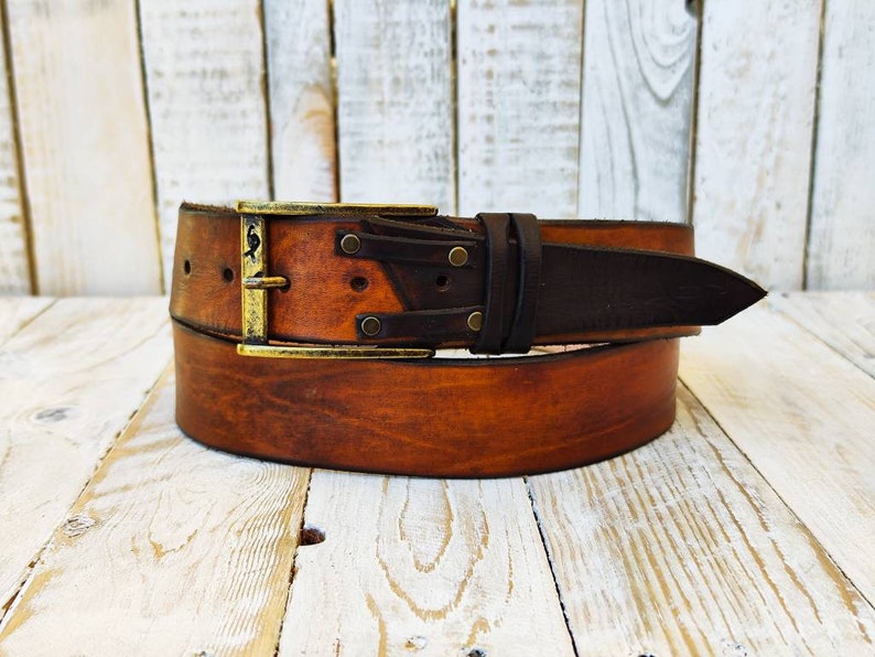 Ishaor unique Handmade Brown Leather Belt Authentic Full Grain with Bronze buckle image 6