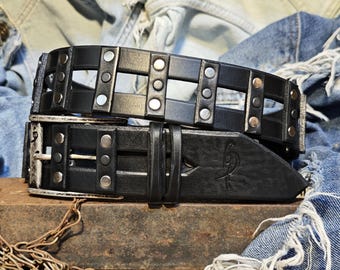 Men's Black Leather Studded Belt, Silver Rivet Accessory, Edgy Fashion Wear