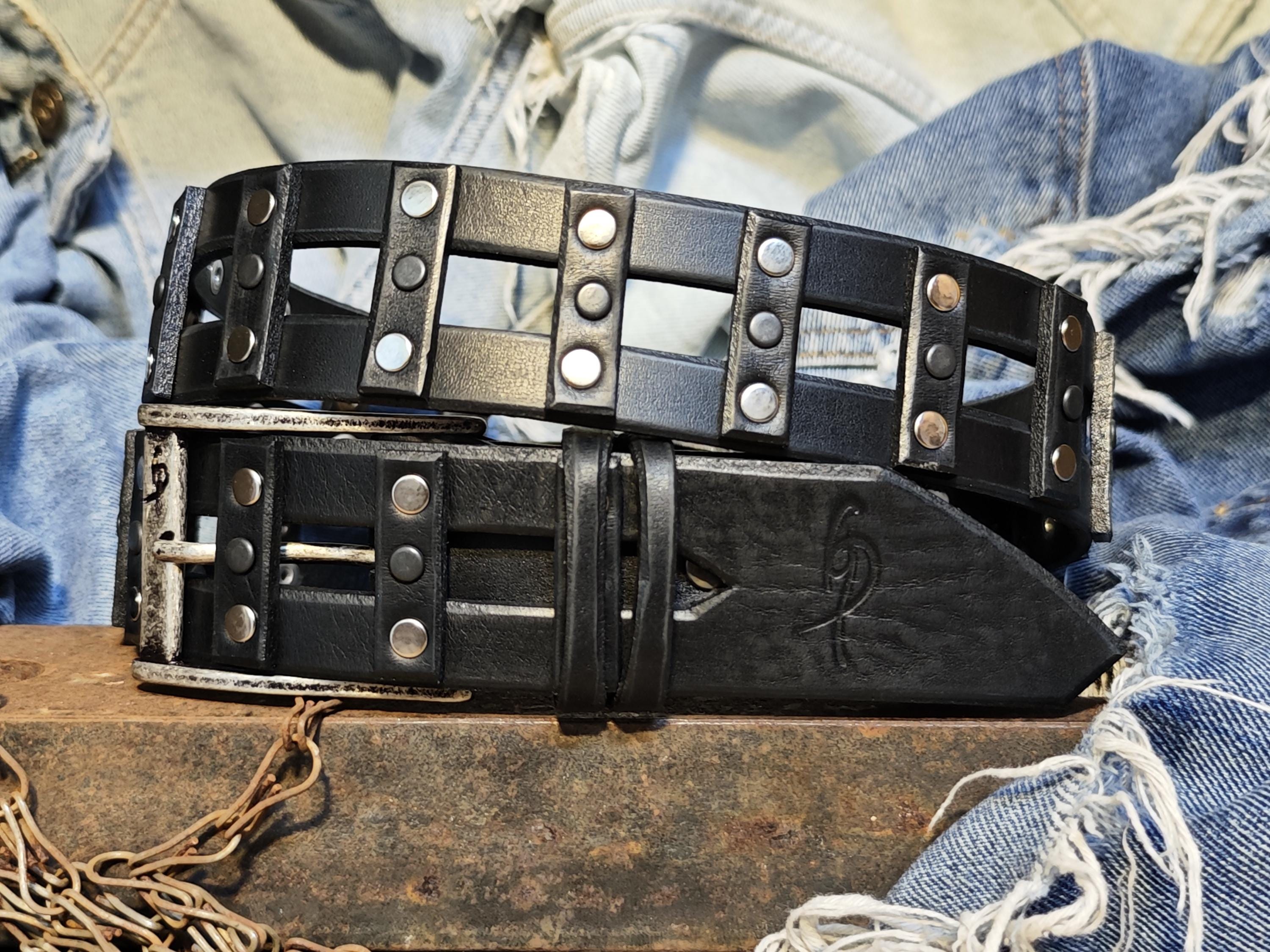 Men's Black Leather Studded Belt, Silver Rivet Accessory, Edgy