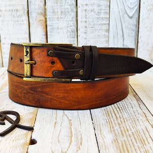 Ishaor unique Handmade Brown Leather Belt Authentic Full Grain with Bronze buckle image 8