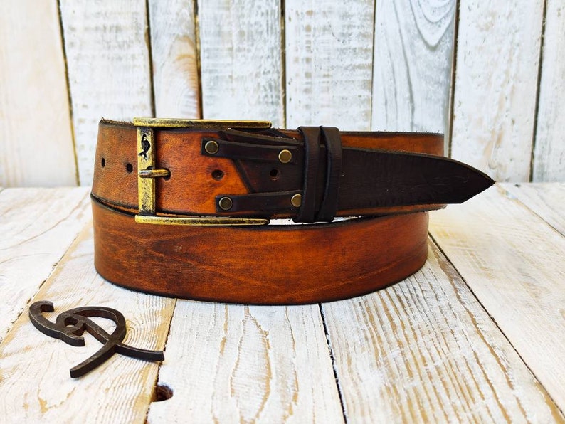 Ishaor unique Handmade Brown Leather Belt Authentic Full Grain with Bronze buckle image 8
