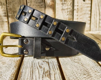 Handcrafted original Black Leather Studded Belt with Bronze Buckle and unique design by Ishaor