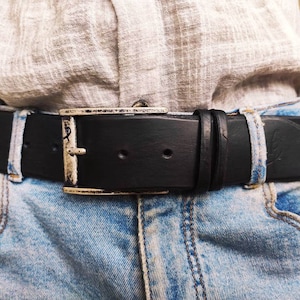 Black Leather Mens Belt with Silver Buckle and Personalization Option - Genuine Leather - Perfect Christmas Gift - by Ishaor