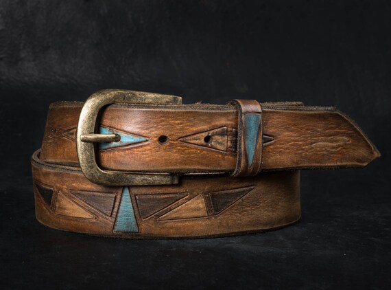 Handmade Brown Leather Belt, Antique Bronze Buckle  display picture 3