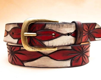 Women's Leather Belt Women's Belt Leather Women's Belt Carved Flower Pattern Belt Tooled Leather Belt Boho Belt White Belt Women's Gift