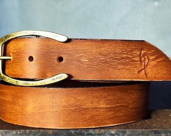 Rustic Brown Leather Belt • Horseshoe Buckle, Full Grain