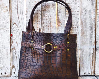 Unique Crocodile Texture Brown Leather Handbag with Bronze Accents