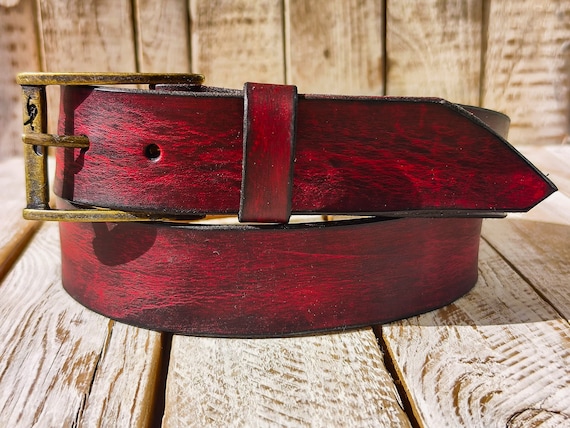 Handmade Red Leather Belt With Black Wash Unique Artisanal Craftsmanship by ISHAOR Etsy