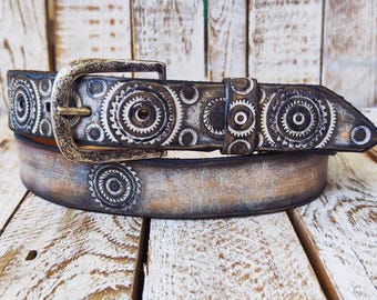 Handmade Leather Motorcycle Belt  Rugged White  Vintage Brown Wash with Gear Stamps Studs
