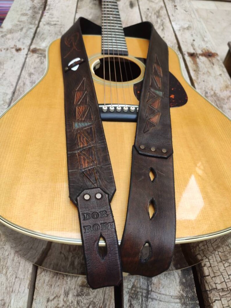 Leather Guitar Strap Brown Leather Guitar Belt With Ishaor Etsy