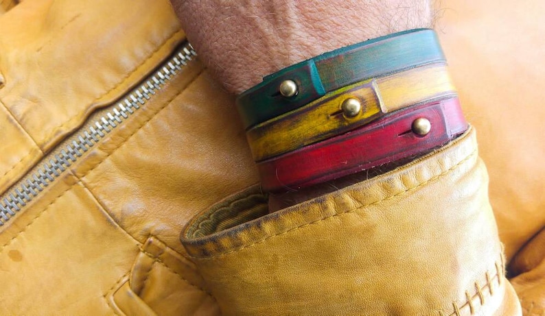 Rasta Leather Bracelet Cuff,Leather Wristband,Rastafarian Cuff,Leather Armband,Red,Yellow,Green Bracelet by Ishaor image 2