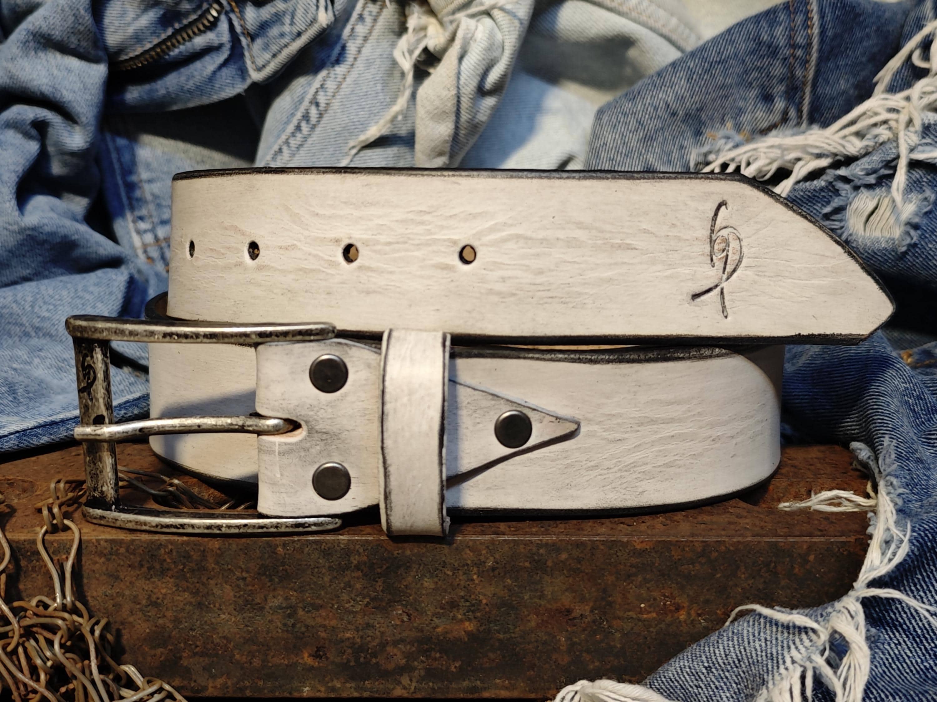 Vintage White Leather Belt – Handcrafted Mens Accessory - Etsy display picture 3