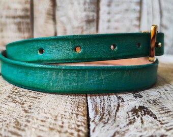 Handcrafted Narrow 2cm Turquoise Leather Belt With Gold