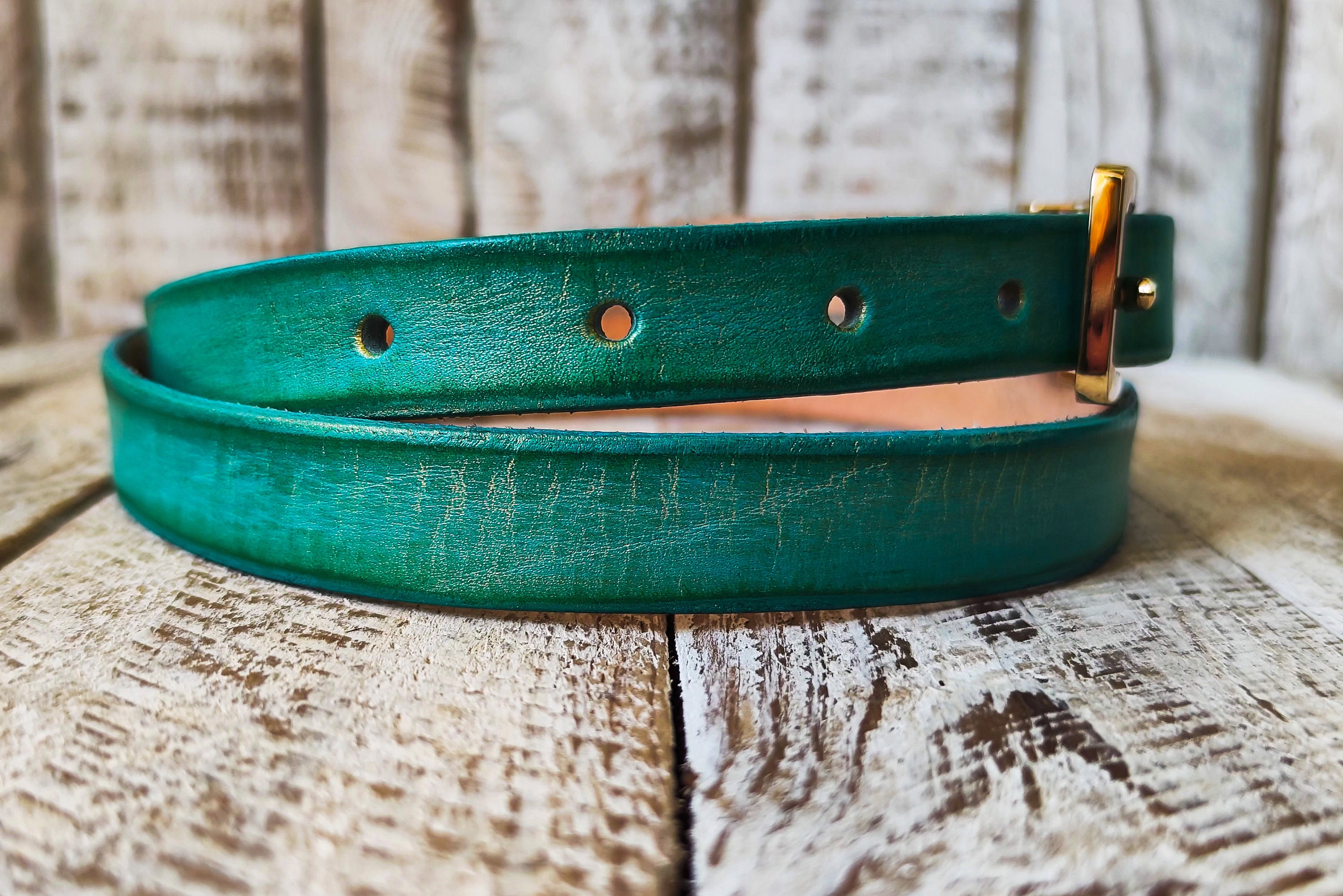 Handcrafted Turquoise Leather Belt With Gold Buckle  display picture 3