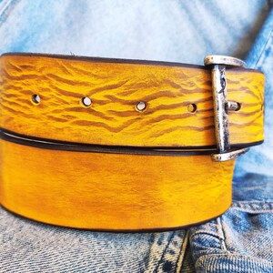 A yellow leather belt with brown wash, the perfect belt color for jeans with option to personalized for a gift with name image 6