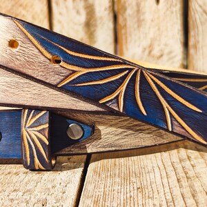 Handmade Leather Belt with Blue Floral Carving | Unique White Leather Belt with Black Wash Finish | Handcrafted Artistic Belt