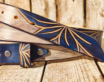 Handmade Leather Belt with Blue Floral Carving | Black Wash Finish