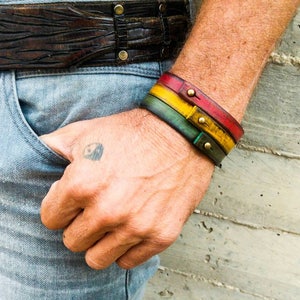 Rasta Leather Bracelet Cuff,Leather Wristband,Rastafarian Cuff,Leather Armband,Red,Yellow,Green Bracelet by Ishaor image 3