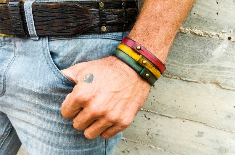 Rasta Leather Bracelet Cuff,Leather Wristband,Rastafarian Cuff,Leather Armband,Red,Yellow,Green Bracelet by Ishaor image 3