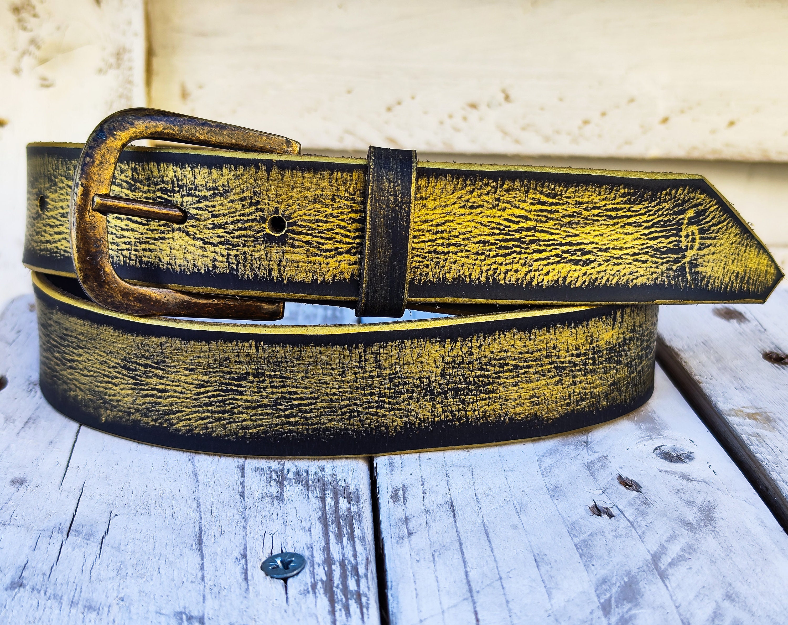 Vintage distressed gold leather belt Metro Twin Roller Antique Gold Buckle Genuine Full Grain  main image 3