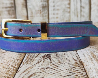 Handcrafted Narrow 2cm purple Leather Belt with turquoise wash and golden finish attaches to  Gold Buckle for Women, Elegant design