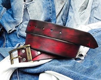 Handmade red leather accessory belt vintage look the perfect anniversary gift for him or her red belt with golden bronze buckle red leather