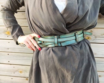 Unique Turquoise Leather Waist Belt | Boho Style Women's Belt | Handcrafted Leather Belt for Her