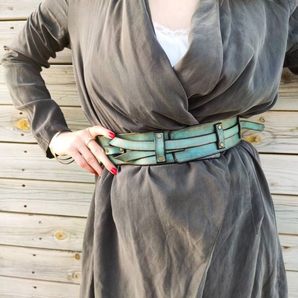 Unique Turquoise Leather Waist Belt | Boho Style Women's Belt | Handcrafted Leather Belt for Her