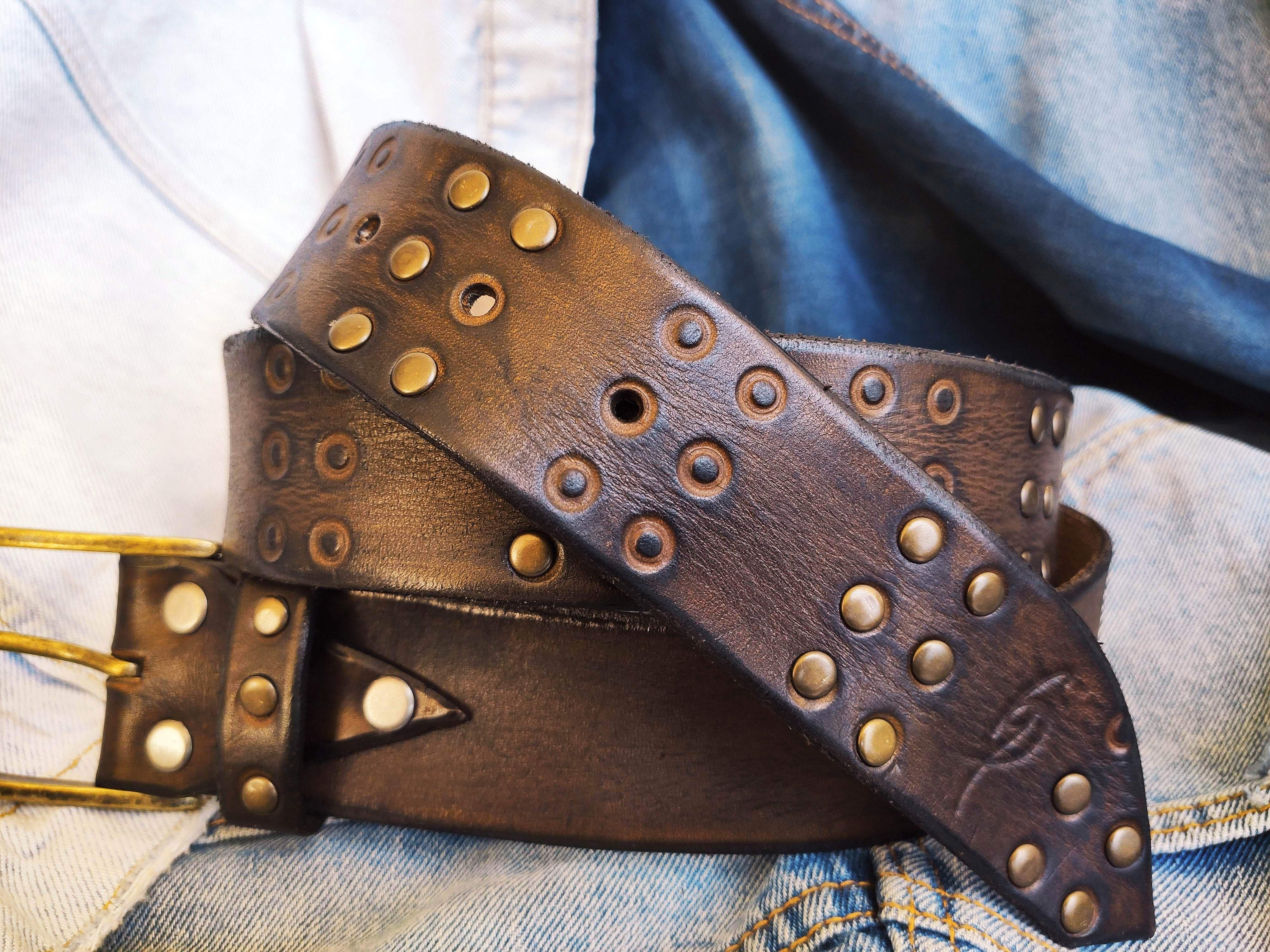Vintage Brown Leather Belt With HIFI Embossing Rivets and 