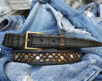 Black Belt, Mens Belt, Men's Leather Belt, Narrow Belt, Handcrafted Belt, Rivets Belt, Mens Gift,  Boyfriend Gift, Metal Belt, Rock belt