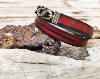 Red Leather Bracelet, Men's Bracelet, Men's Leather Bracelet, Wrap  Bracelet, Leather Cuff, Men's Cuff, Genuine Leather, Cuff with Clasp