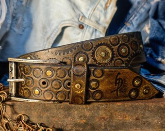 Embossed Brown Leather Men's Belt with Rivets,Steampunk Motorcycle Design