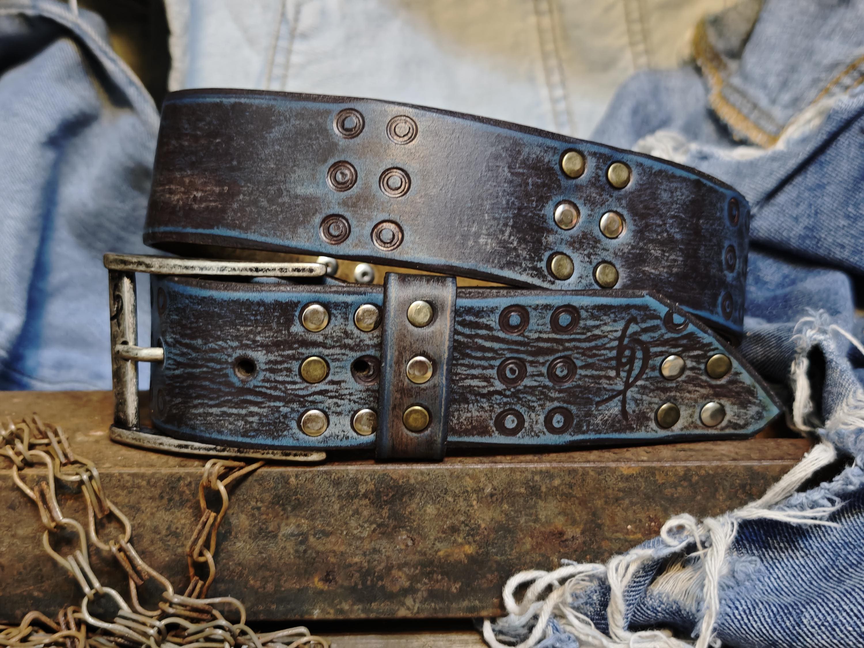 Handmade Brown Leather Belt With Blue Wash, Hi-fi Stamped Design