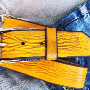 A yellow leather belt with brown wash, the perfect belt color for jeans with option to personalized for a gift with name image 8