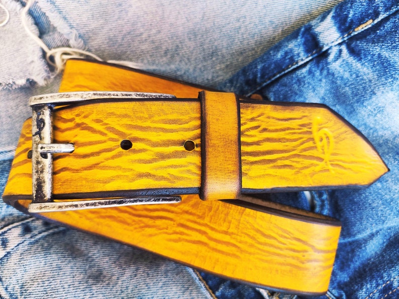 A yellow leather belt with brown wash, the perfect belt color for jeans with option to personalized for a gift with name image 8