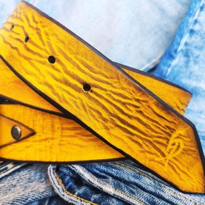 A yellow leather belt with brown wash, the perfect belt color for jeans with option to personalized for a gift with name image 3