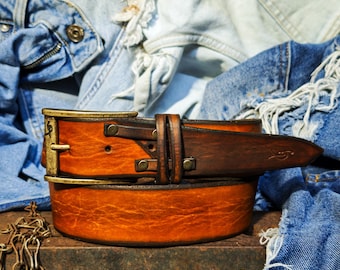 Handmade Brown Leather Rodeo Belt, Western Rustic Design