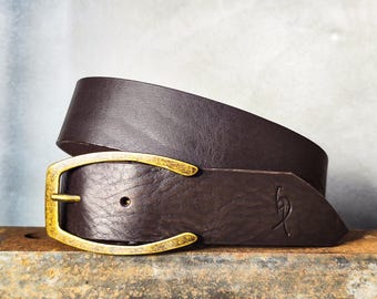 Dark Brown Leather Jeans Belt – Handmade Full Grain Cowhide, Brass Buckle