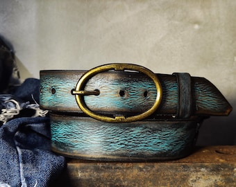 Distressed Turquoise Full Grain Leather Belt, Antique Brass Buckle
