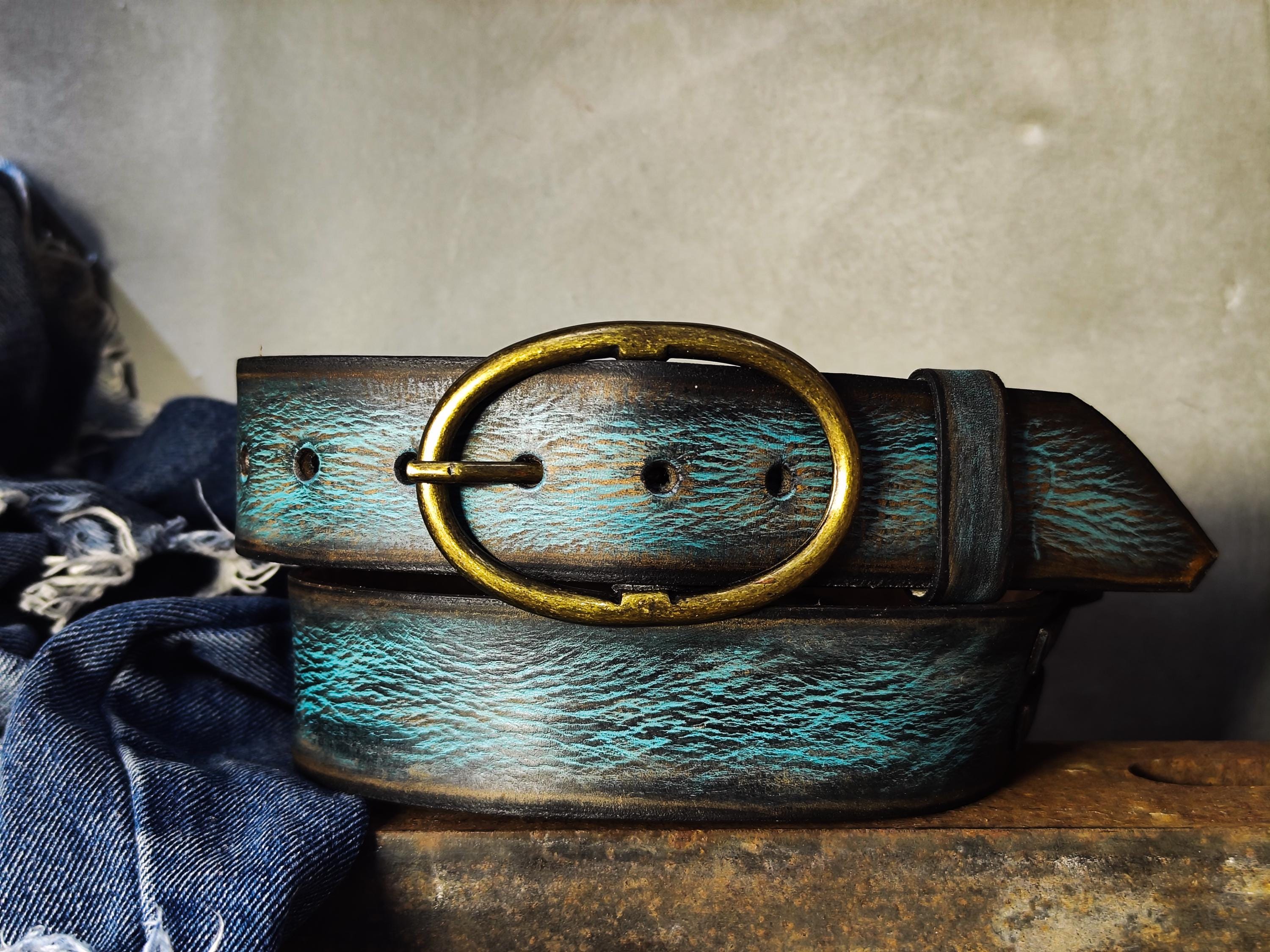 Distressed Turquoise Full Grain Leather Belt, Antique Brass  display picture 2
