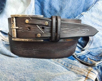 Handcrafted Western Leather Belt – Dark Brown Gray Wash, Bronze Buckle