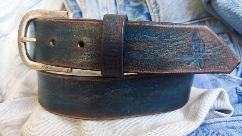 Men's blue Leather vintage style Belt, Custom Men's Leather Accessories and belts for him. image 2