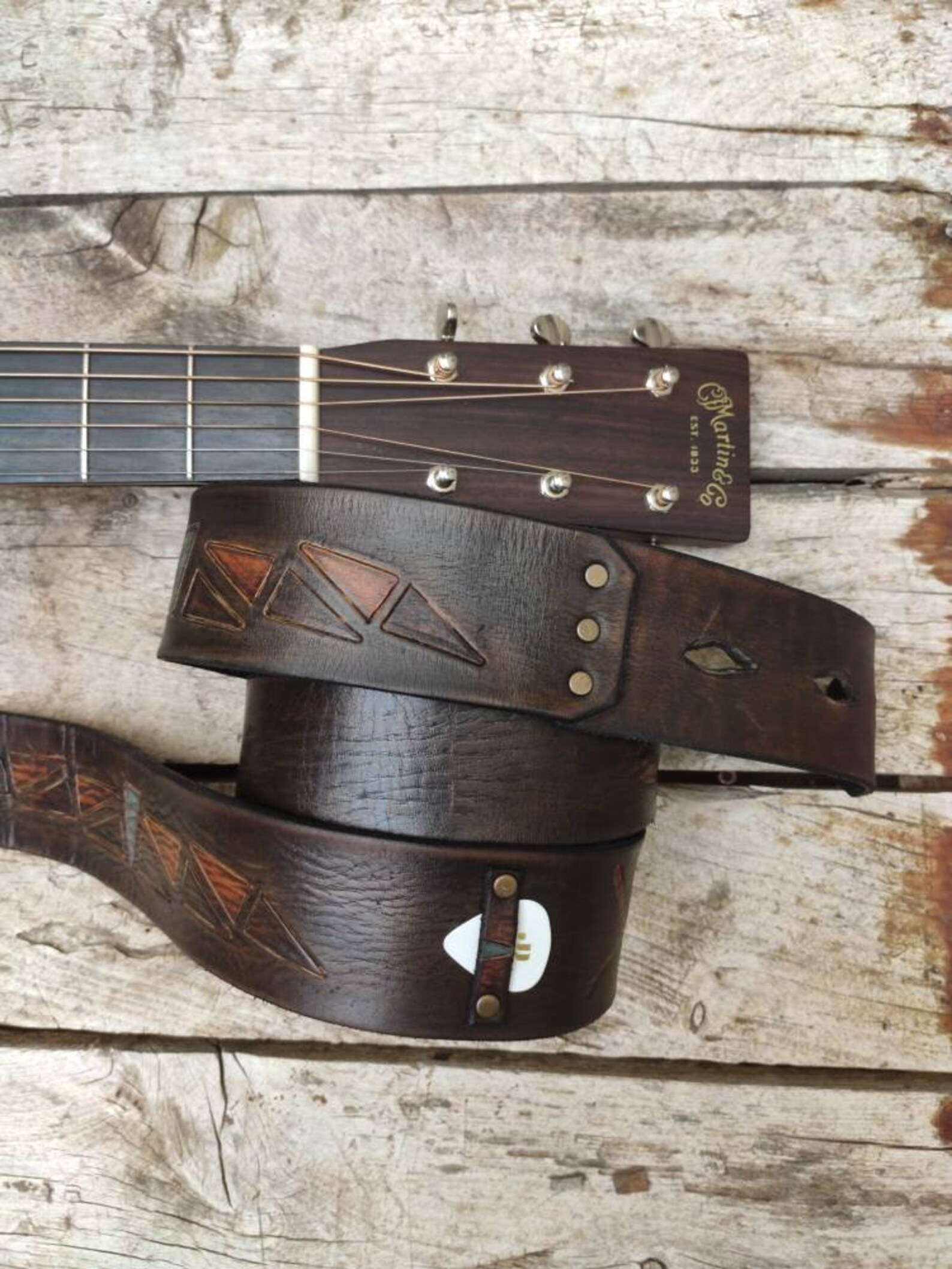 Leather Guitar Strap brown leather guitar belt with Ishaor Etsy