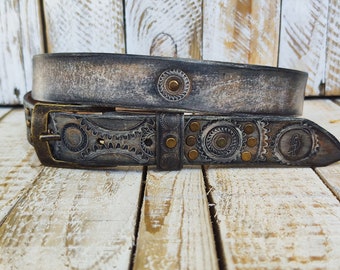 Rugged Handmade Leather Belt: white and Vintage brown Wash designed with Motorcycle Gear Stamps, and studs.