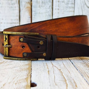 Ishaor unique Handmade Brown Leather Belt Authentic Full Grain with Bronze buckle image 3